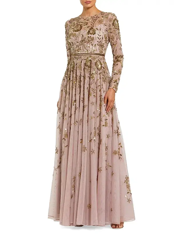 Women's Embellished Floral-Embroidered Mesh Gown - Mocha Multi