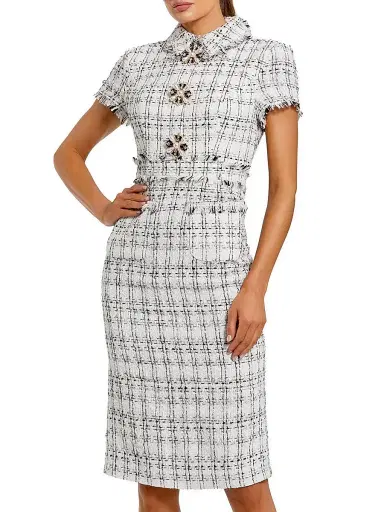 Mac Duggal Women's Frayed Bouclé Midi-Dress - Ivory - Size 12 | Thumbnail 1 Mac Duggal Women's Frayed Bouclé Midi-Dress - Ivory - Size 12 | Thumbnail 1