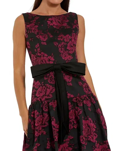 Mac Duggal Women's Satin Bow-Waist Floral Brocade Midi-Dress - Magenta Multi - Size 16 | Thumbnail 3