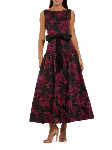 Mac Duggal Women's Satin Bow-Waist Floral Brocade Midi-Dress - Magenta Multi - Size 16 | Thumbnail 1
