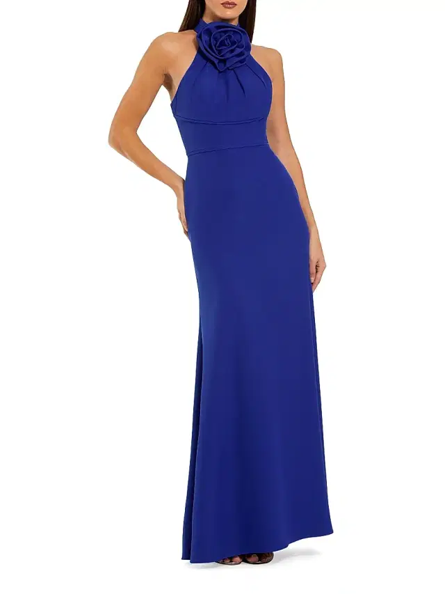 Women's Rosette Sleeveless Crepe Column Gown - Cobalt