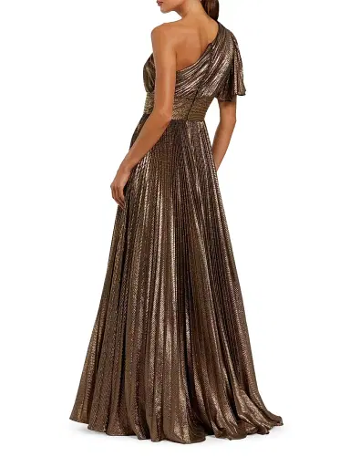 Mac Duggal Women's One-Shoulder Pleated Metallic A-Line Ball Gown - Bronze - Size 16 | Thumbnail 2
