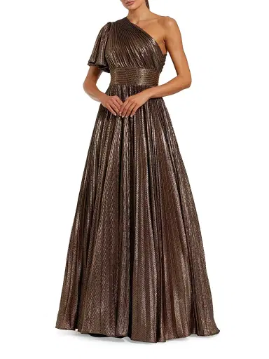 Mac Duggal Women's One-Shoulder Pleated Metallic A-Line Ball Gown - Bronze - Size 16 | Thumbnail 1
