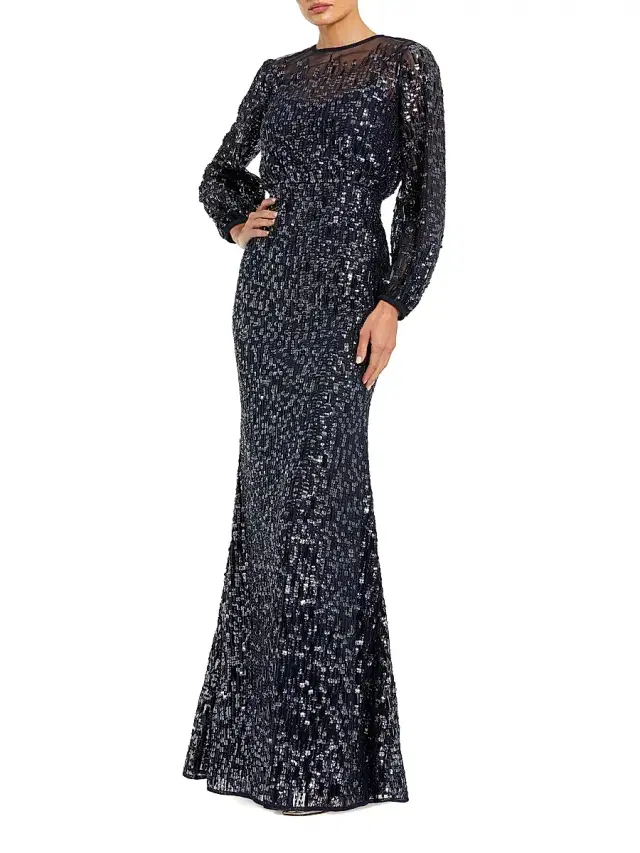 Women's Beaded Mesh Long-Sleeve Blouson Gown - Midnight