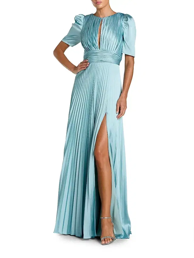 Women's Pleated Charmeuse Short-Sleeve Gown - French Blue