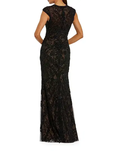 Mac Duggal Women's Beaded Lace Cap-Sleeve Column Gown - Black Beige - Size 14 | Thumbnail 2 Mac Duggal Women's Beaded Lace Cap-Sleeve Column Gown - Black Beige - Size 14 | Thumbnail 2