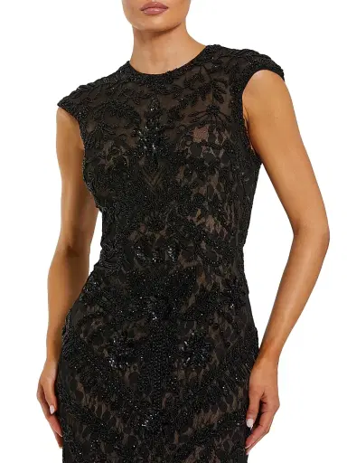 Mac Duggal Women's Beaded Lace Cap-Sleeve Column Gown - Black Beige - Size 14 | Thumbnail 3 Mac Duggal Women's Beaded Lace Cap-Sleeve Column Gown - Black Beige - Size 14 | Thumbnail 3