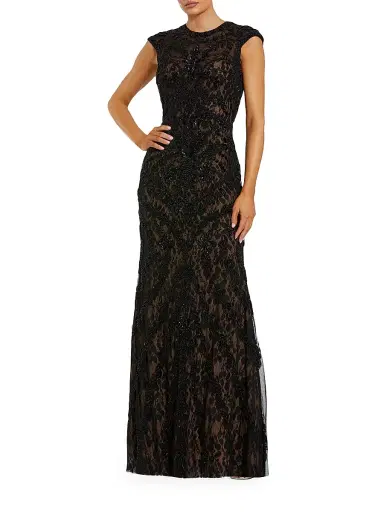 Mac Duggal Women's Beaded Lace Cap-Sleeve Column Gown - Black Beige - Size 14 | Thumbnail 1 Mac Duggal Women's Beaded Lace Cap-Sleeve Column Gown - Black Beige - Size 14 | Thumbnail 1