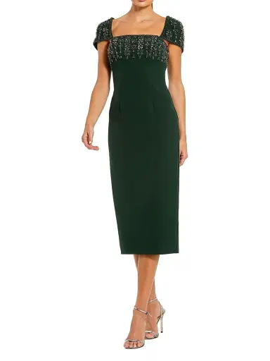 Mac Duggal Women's Embellished-Trimmed Cap Sleeve Crepe Midi-Dress - Dark Emerald - Size 14 | Thumbnail 1