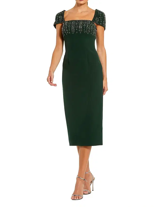 Mac Duggal Women's Embellished-Trimmed Cap Sleeve Crepe Midi-Dress - Dark Emerald
