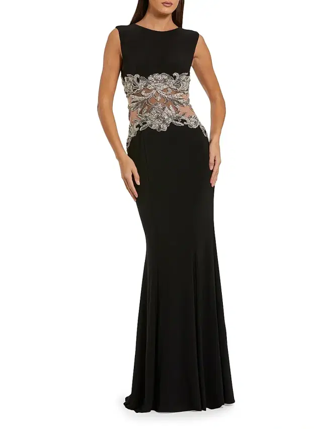 Women's Beaded-Waist SleevelessJersey Gown - Black