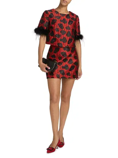 Milly Women's Ruthe Poppy Jacquard Feather-Trimmed Top - Red Black - Size XS | Thumbnail 2 Milly Women's Ruthe Poppy Jacquard Feather-Trimmed Top - Red Black - Size XS | Thumbnail 2