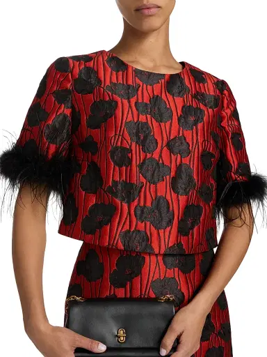 Milly Women's Ruthe Poppy Jacquard Feather-Trimmed Top - Red Black - Size XS | Thumbnail 6 Milly Women's Ruthe Poppy Jacquard Feather-Trimmed Top - Red Black - Size XS | Thumbnail 6