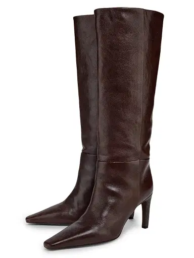 Brunello Cucinelli Women's Leather 80MM Curved Monili Heel Boots - Dark Brown - Size 11 | Thumbnail 2
