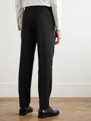 Brunello Cucinelli Tapered Pleated Satin-Trimmed Silk, Wool and Mohair-Blend Trousers - Men | Thumbnail 4 Brunello Cucinelli Tapered Pleated Satin-Trimmed Silk, Wool and Mohair-Blend Trousers - Men | Thumbnail 4