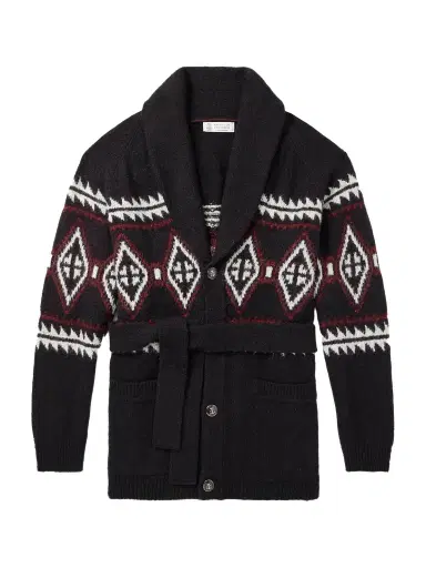 Brunello Cucinelli Shawl-Collar Belted Jacquard-Knit Wool, Silk and Cashmere-Blend Cardigan - Men | Thumbnail 1 Brunello Cucinelli Shawl-Collar Belted Jacquard-Knit Wool, Silk and Cashmere-Blend Cardigan - Men | Thumbnail 1