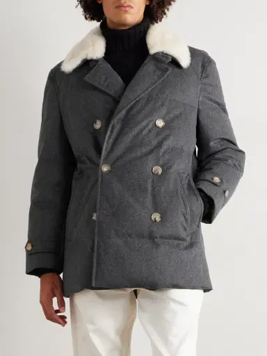 Brunello Cucinelli Double-Breasted Shearling-Trimmed Quilted Wool Down Jacket - Men | Thumbnail 3 Brunello Cucinelli Double-Breasted Shearling-Trimmed Quilted Wool Down Jacket - Men | Thumbnail 3