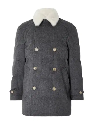 Brunello Cucinelli Double-Breasted Shearling-Trimmed Quilted Wool Down Jacket - Men | Thumbnail 1 Brunello Cucinelli Double-Breasted Shearling-Trimmed Quilted Wool Down Jacket - Men | Thumbnail 1