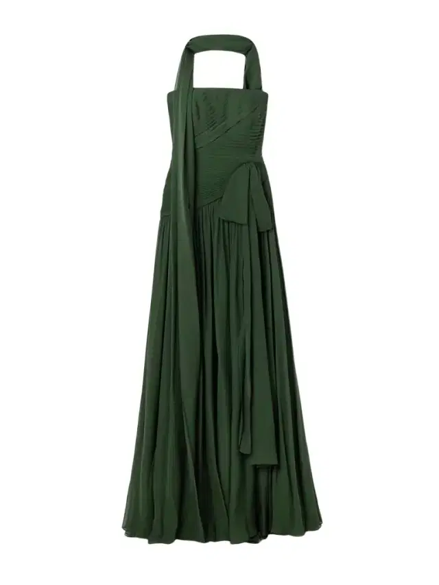 Scarf-detailed Pintucked Silk Crepe De Chine Gown