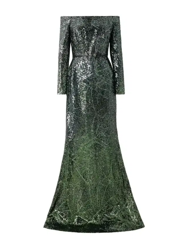 Off-the-shoulder Belted Sequined Silk-blend Gown