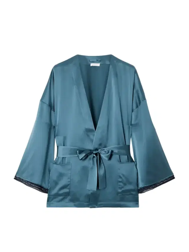 Ondine Belted Lace-trimmed Silk-satin Robe