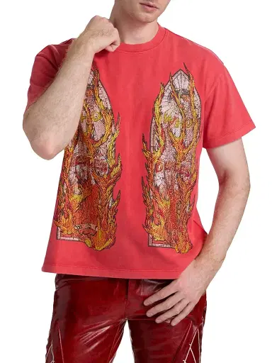 Who Decides War Men's Rhinestone Flame Glass Jersey T-Shirt - Ruby - Size XXXL | Thumbnail 3