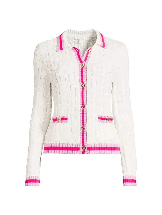 Lilly Pulitzer Women's Brockton Cotton Cable-Knit Polo Cardigan - Coconut Pink Bliss Tipping