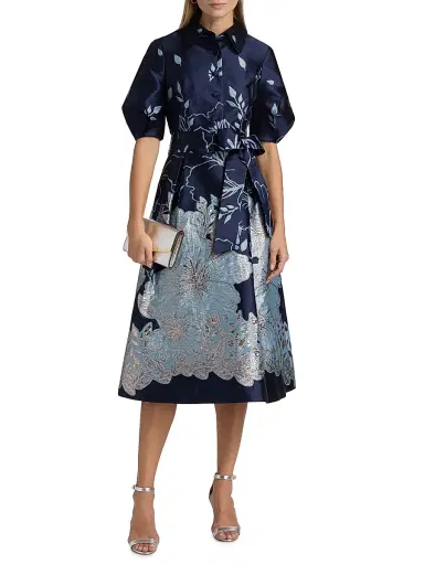 Teri Jon by Rickie Freeman Women's Metallic Jacquard Tie-Waist Fit & Flare Midi-Dress - Navy Multi | Thumbnail 3 Teri Jon by Rickie Freeman Women's Metallic Jacquard Tie-Waist Fit & Flare Midi-Dress - Navy Multi | Thumbnail 3