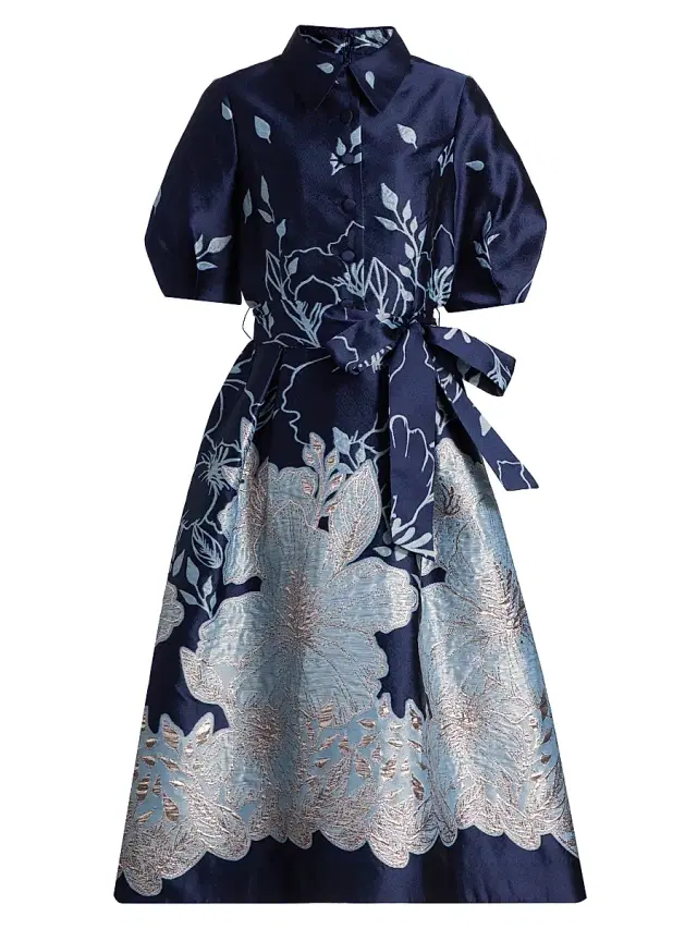 Women's Metallic Jacquard Tie-Waist Fit & Flare Midi-Dress - Navy Multi