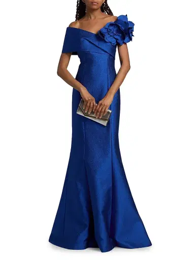 Teri Jon by Rickie Freeman Women's Flower Off-Shoulder Jacquard Gown | Thumbnail 2 Teri Jon by Rickie Freeman Women's Flower Off-Shoulder Jacquard Gown | Thumbnail 2