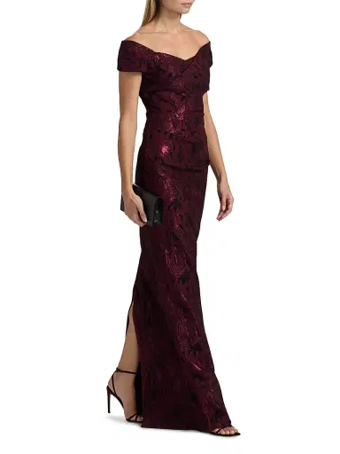 Teri Jon by Rickie Freeman Women's Floral Jacquard Column Gown - Black Merlot | Thumbnail 2 Teri Jon by Rickie Freeman Women's Floral Jacquard Column Gown - Black Merlot | Thumbnail 2