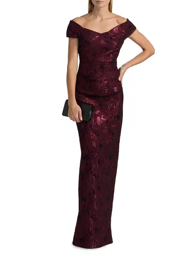 Teri Jon by Rickie Freeman Women's Floral Jacquard Column Gown - Black Merlot | Thumbnail 3 Teri Jon by Rickie Freeman Women's Floral Jacquard Column Gown - Black Merlot | Thumbnail 3