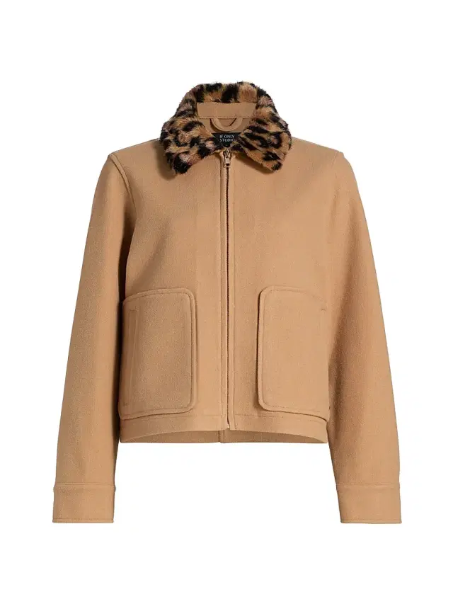 If Only Studio Women's Leopard-Print Collar Faux-Wool Jacket