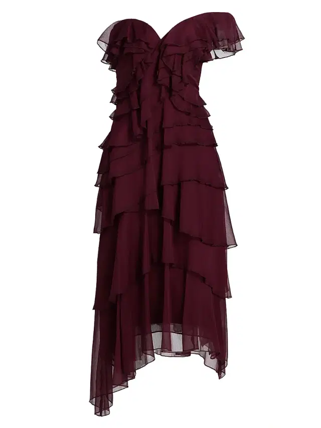 AMUR Women's Emaline Chiffon Cascade Off-The-Shoulder Midi-Dress - Pinot Nior