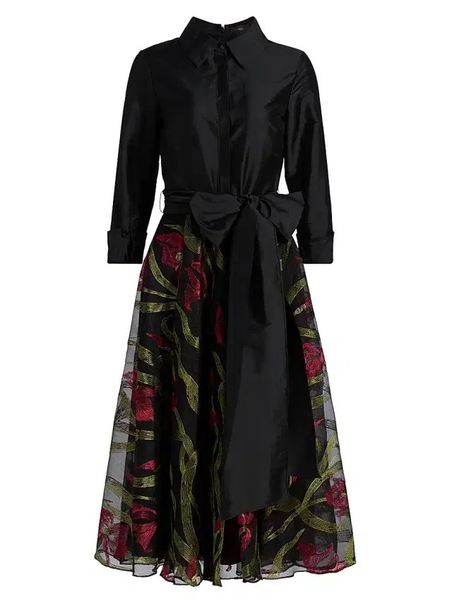 Theia Women's Azura Embroidered A-Line Shirtdress - Black