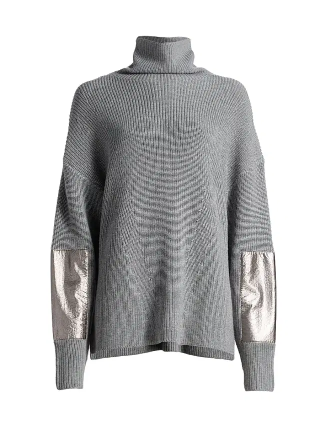 LAPOINTE Women's Re-Edition Metallic Patch-Embroidered Wool Turtleneck Sweater - Gray