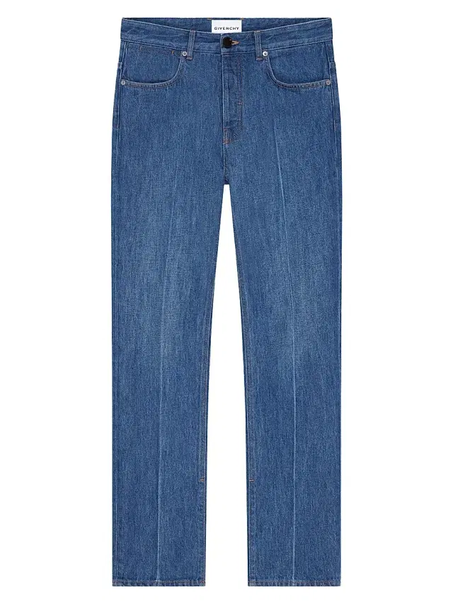 Men's Straight Fit Shadow Washed Jeans with Crease Effect - Medium Blue