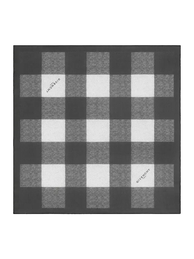 Men's Checked Square Scarf in Silk Georgette - Black