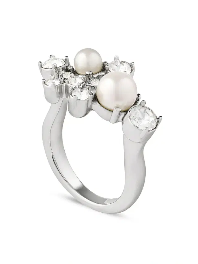 Women's Crystal Pearl Ring in Metal, Crystals and Pearls - White Silvery