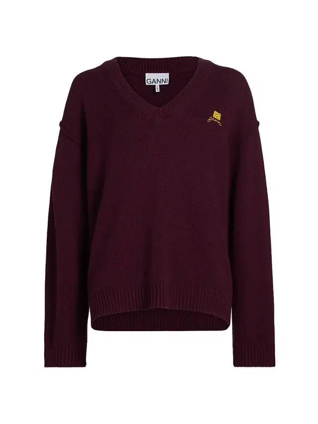 Ganni Women's Core Future Wool-Blend V-Neck Sweater - Burgundy
