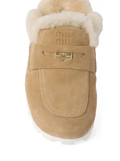 Miu Miu Women's Suede Shearing Mules - Beige Khaki - Size 10 | Thumbnail 3