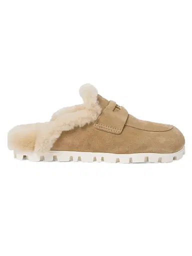 Miu Miu Women's Suede Shearing Mules - Beige Khaki - Size 10 | Thumbnail 1