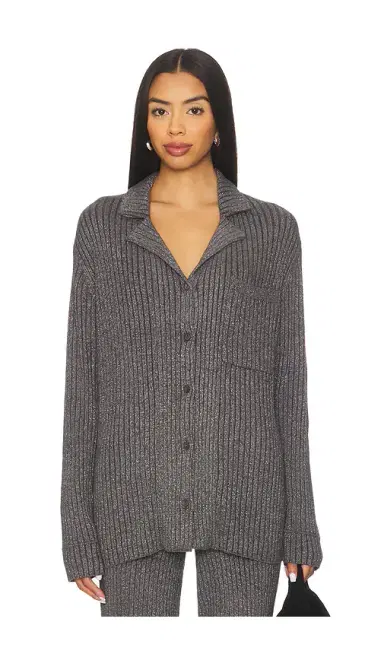 Barefoot Dreams CozyChic Ultra Lite Lurex Rib Button Front Shirt | Thumbnail 1