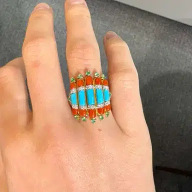 Wish Fine Jewelry 4.45ct Diamond Emerald Turquoise Coral 18K Gold Ring | Thumbnail 2 Wish Fine Jewelry 4.45ct Diamond Emerald Turquoise Coral 18K Gold Ring | Thumbnail 2