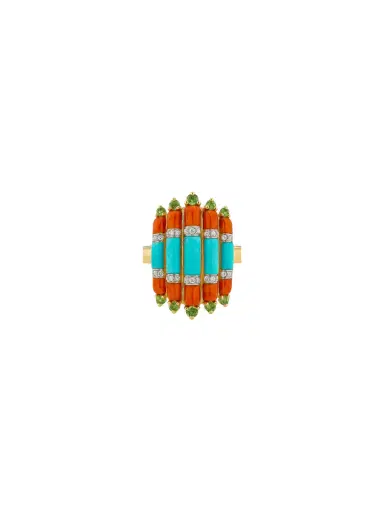 Wish Fine Jewelry 4.45ct Diamond Emerald Turquoise Coral 18K Gold Ring | Thumbnail 1 Wish Fine Jewelry 4.45ct Diamond Emerald Turquoise Coral 18K Gold Ring | Thumbnail 1