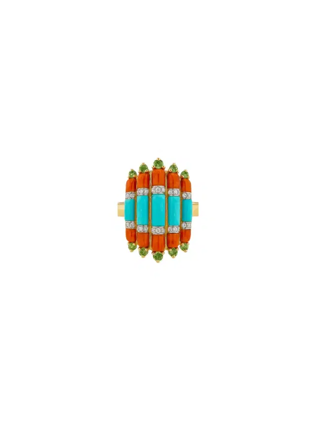 4.45ct Diamond Emerald Turquoise Coral 18K Gold Ring