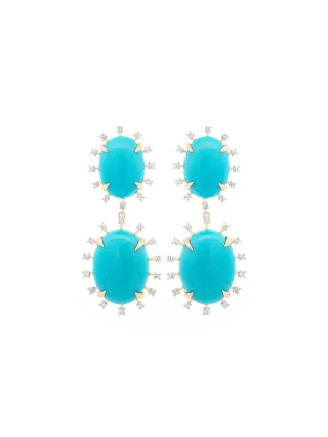 44ct Diamond Arizona Turquoise 18K Gold Sunburst Dangle Drop Earrings