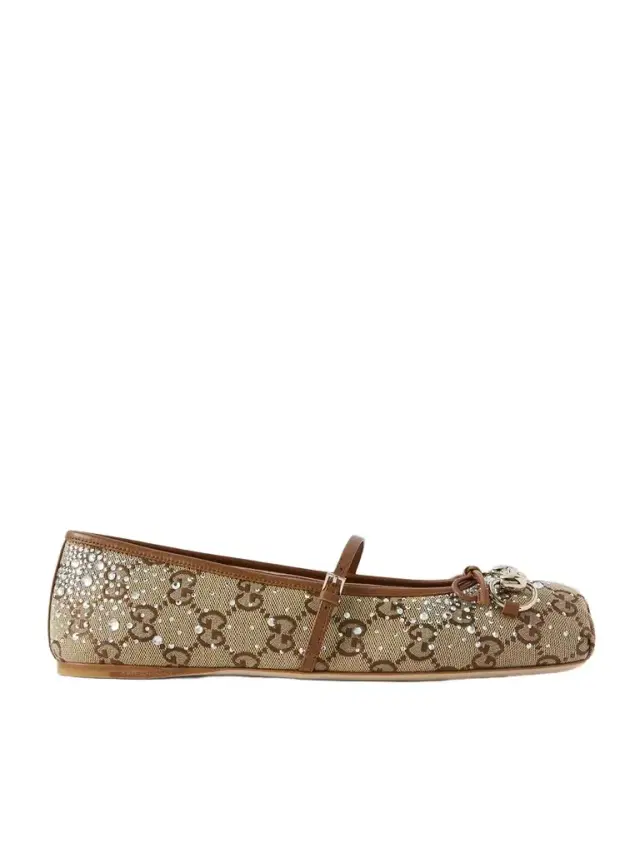 Horsebit Ballerina Leather-trimmed Crystal-embellished Canvas-jacquard Flats