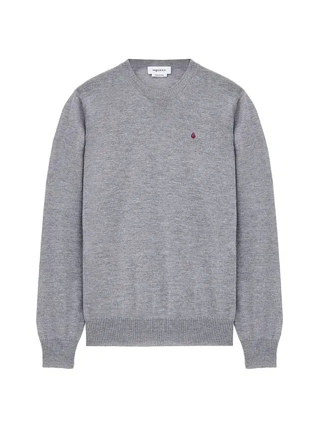 McQueen Men's Logo-Embroidered Heathered Wool Sweater - Pale Grey