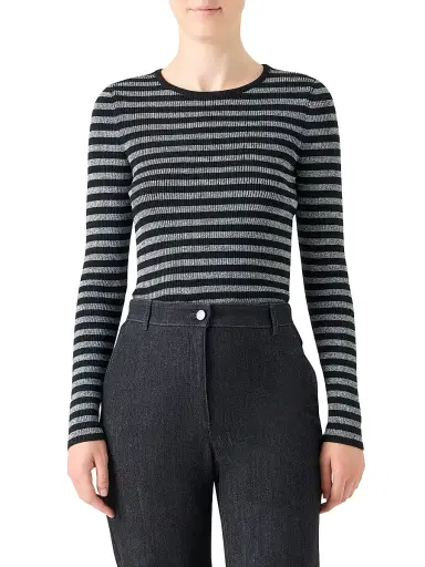 Akris punto Women's Metallic Striped Merino Wool Rib-Knit Sweater - Black Brushed Steel - Size 8 | Thumbnail 3